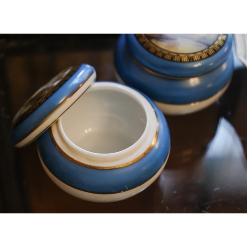 42 - Pair of Finely Detailed Porcelain Table Boxes with Original Covers Decorated with River Scenes Hand ... 