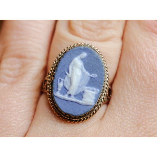 52 - Jasperware Wedgwood Panel Ring Nine Carat Yellow Gold Band Size N and a Half