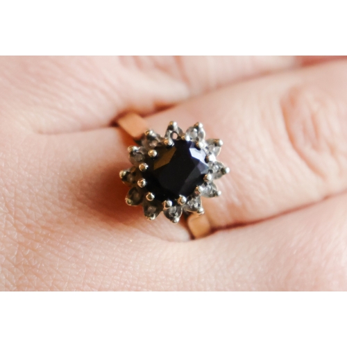 58 - Nine Carat Yellow Gold Sapphire and Diamond Ladies Cluster Ring Band Size O