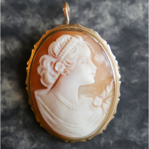 59 - Nine Carat Yellow Gold Bound Ladies Cameo Pendant with Brooch Pin Verso Dual Purpose Cameo Approxima... 