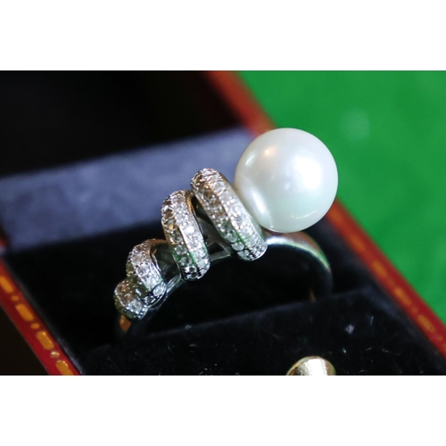 78 - Pearl and Diamond Set Ladies Ring Mounted on Silver Band Size N