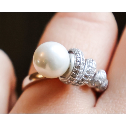 78 - Pearl and Diamond Set Ladies Ring Mounted on Silver Band Size N