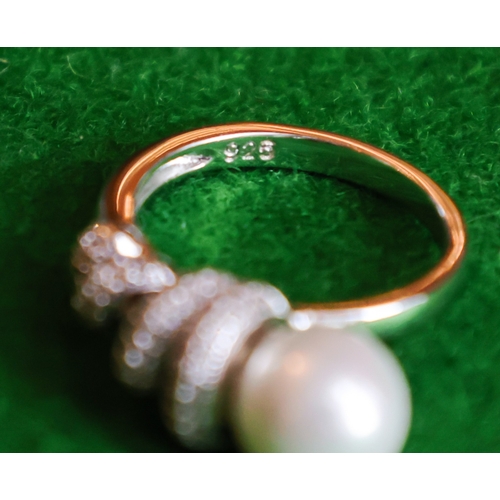 78 - Pearl and Diamond Set Ladies Ring Mounted on Silver Band Size N