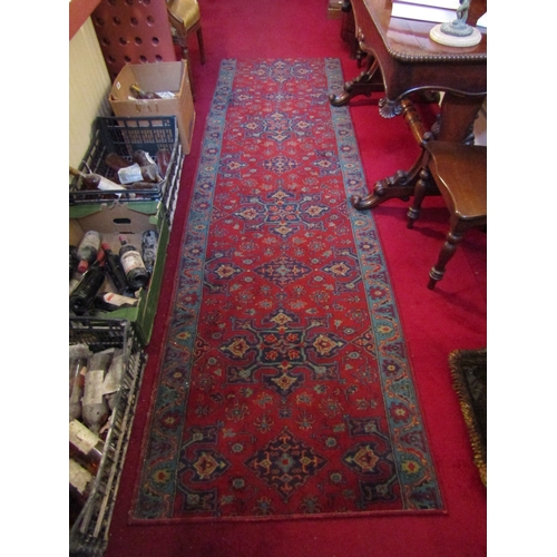 81 - Pure Wool Runner Burgundy and Navy Ground Approximately 10ft Long