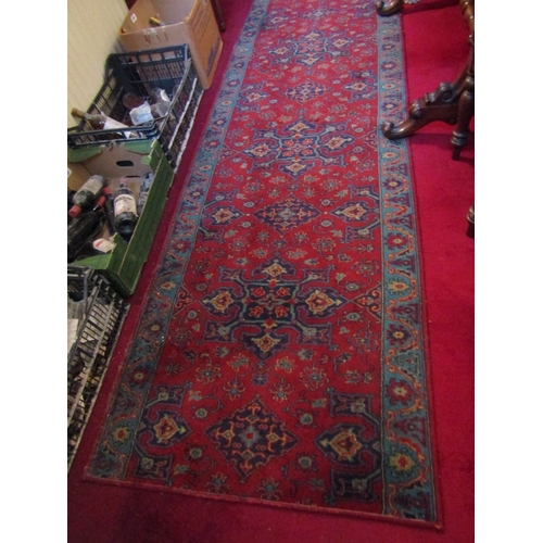 81 - Pure Wool Runner Burgundy and Navy Ground Approximately 10ft Long
