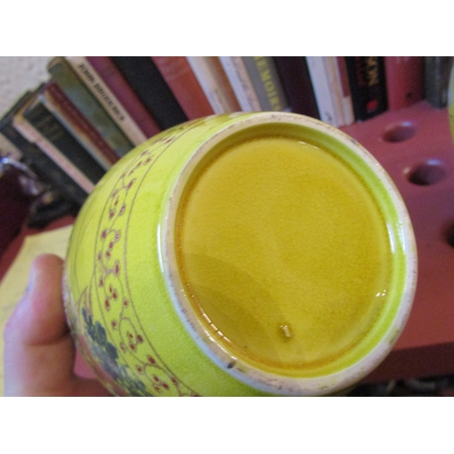 83 - Pair of Eastern Vases with Covers Yellow Ground with Avian Motif Decoration Each Approximately 9 Inc... 