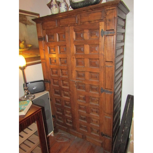 94 - Antique Carved and Panelled Two Door Cupboard with Bolt Lock and Shelved Interior Approximately 4ft ... 