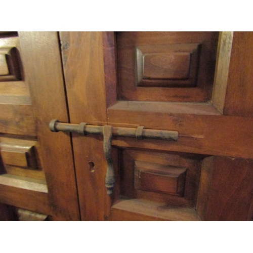 94 - Antique Carved and Panelled Two Door Cupboard with Bolt Lock and Shelved Interior Approximately 4ft ... 