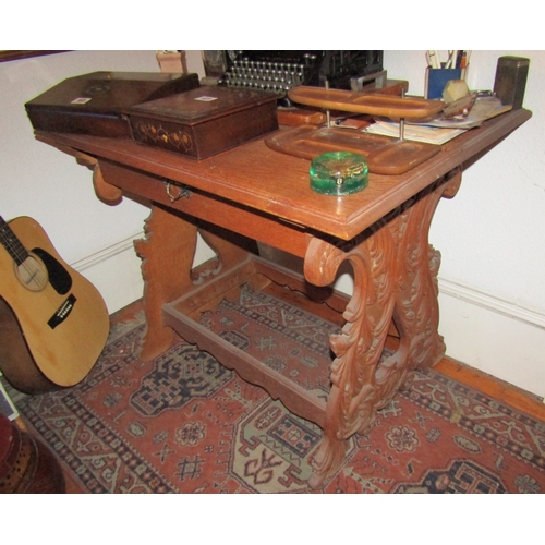 96 - Antique Carved End Table with Single Drawer Antique Approximately 4ft Wide
