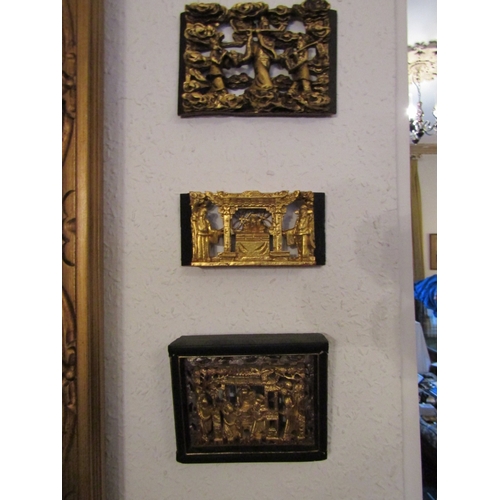 98 - Three Carved and Gilded Wall Mounted Eastern Tablets Widest Approximately 5 Inches