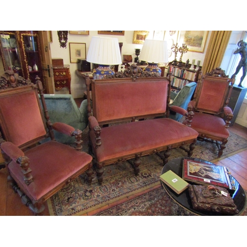 99 - Antique Three Piece Drawing Room Suite Well Carved Settee Approximately 5ft 6 Inches Wide
