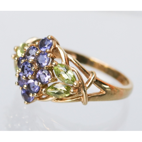1 - Attractively Detailed Iolite and Peridot Set Cluster Ring Mounted in 9 Carat Yellow Gold Ring Size S