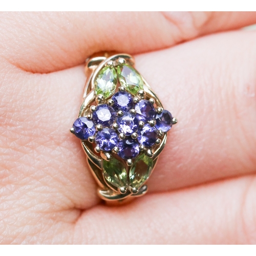 1 - Attractively Detailed Iolite and Peridot Set Cluster Ring Mounted in 9 Carat Yellow Gold Ring Size S