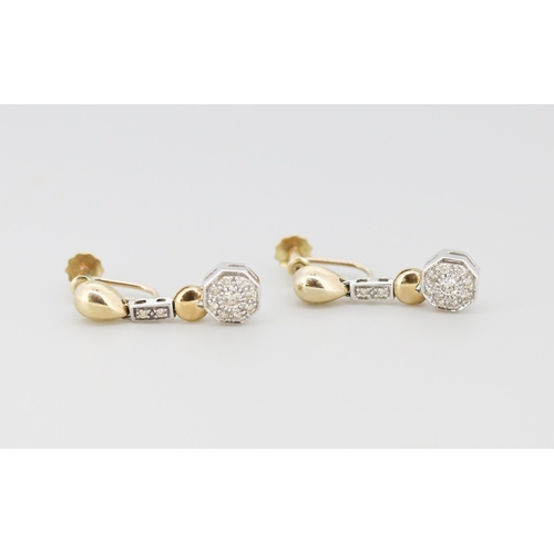 105 - Pair of Finely Detailed Diamond Cluster Set Ladies Drop Screw On Earrings Mounted in 9 Carat Yellow ... 