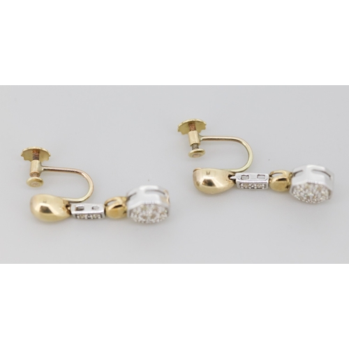 105 - Pair of Finely Detailed Diamond Cluster Set Ladies Drop Screw On Earrings Mounted in 9 Carat Yellow ... 