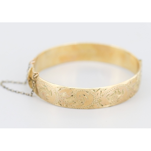 107 - 1/10 9 Carat Yellow Gold Bronze Core Bangle Bracelet Incised Detail Inner Width 6cm