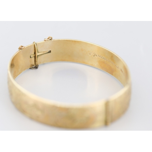 107 - 1/10 9 Carat Yellow Gold Bronze Core Bangle Bracelet Incised Detail Inner Width 6cm