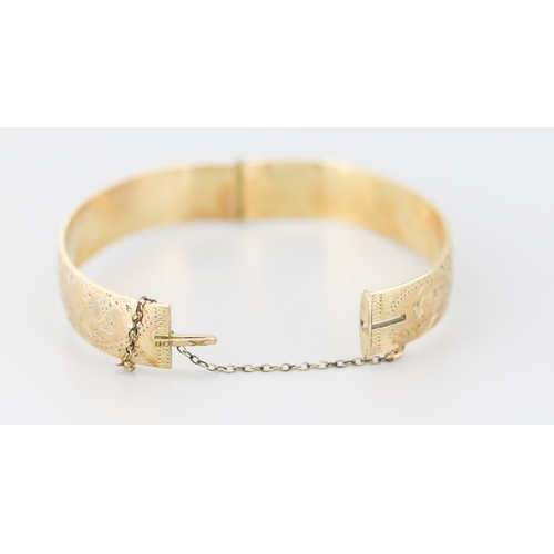 107 - 1/10 9 Carat Yellow Gold Bronze Core Bangle Bracelet Incised Detail Inner Width 6cm