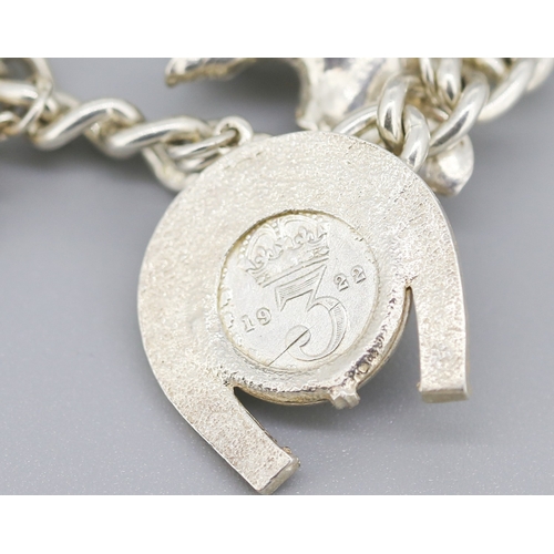 111 - Silver Charm Bracelet with Eleven Charms Heart Padlock Clasp and Safety Chain 18.5cm Long