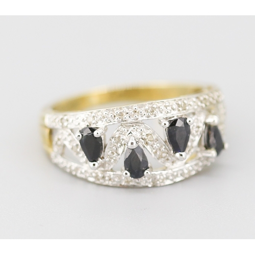 112 - Sapphire Pear Cut Four Stone Set Ring with Further Diamond Set Surround Mounted in 9 Carat Yellow Go... 