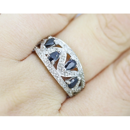 112 - Sapphire Pear Cut Four Stone Set Ring with Further Diamond Set Surround Mounted in 9 Carat Yellow Go... 