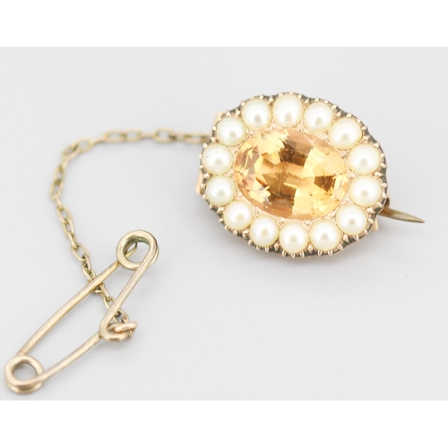 113 - Attractively Detailed Citrine and Pearl Set Brooch Mounted in 9 Carat Rose Gold with Safety Chain 2c... 