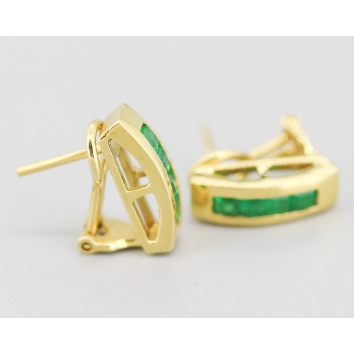 114 - Pair of Emerald Four Stone Channel Set Earrings Mounted in 18 Carat Yellow Gold 1.5cm