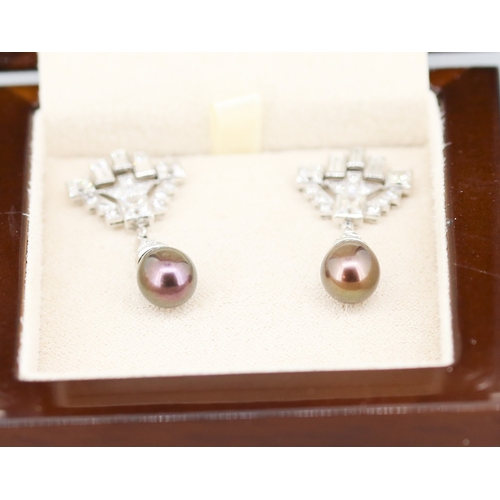 115 - Finely Detailed Emerald Cut Baguette Cut and Round Cut Diamond Set Tahitian Pearl Drop Earrings Moun... 