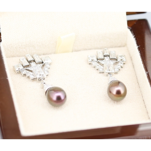 115 - Finely Detailed Emerald Cut Baguette Cut and Round Cut Diamond Set Tahitian Pearl Drop Earrings Moun... 