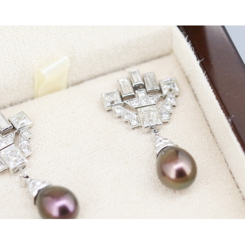 115 - Finely Detailed Emerald Cut Baguette Cut and Round Cut Diamond Set Tahitian Pearl Drop Earrings Moun... 