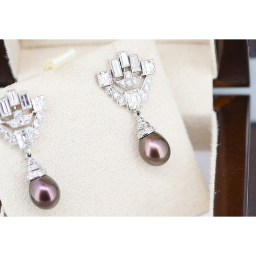 115 - Finely Detailed Emerald Cut Baguette Cut and Round Cut Diamond Set Tahitian Pearl Drop Earrings Moun... 