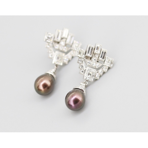 115 - Finely Detailed Emerald Cut Baguette Cut and Round Cut Diamond Set Tahitian Pearl Drop Earrings Moun... 