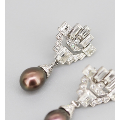 115 - Finely Detailed Emerald Cut Baguette Cut and Round Cut Diamond Set Tahitian Pearl Drop Earrings Moun... 