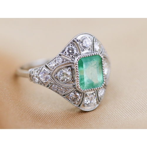 15 - Emerald Centre Stone Ring with Diamond Set Surround and Further Diamond Inset to Shoulders Finely De... 
