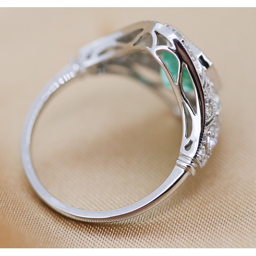 15 - Emerald Centre Stone Ring with Diamond Set Surround and Further Diamond Inset to Shoulders Finely De... 