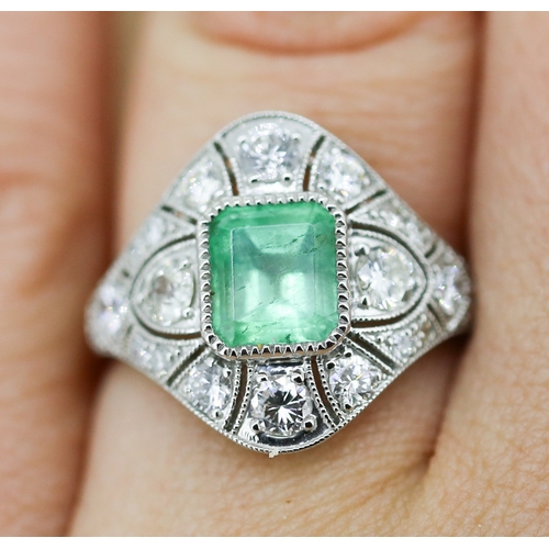 15 - Emerald Centre Stone Ring with Diamond Set Surround and Further Diamond Inset to Shoulders Finely De... 