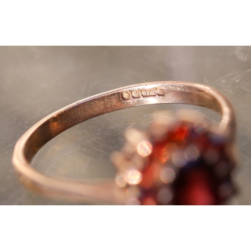 19 - Red Garnet Set Cluster Ring Mounted in 9 Carat Yellow Gold Ring Size P and a Half