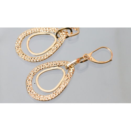 2 - Pair of Textured Form Ladies Drop Earrings Mounted in 9 Carat Yellow Gold Drop 5.5cm