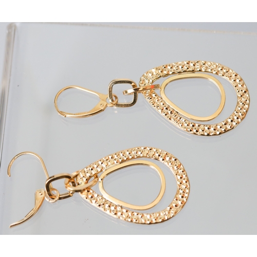 2 - Pair of Textured Form Ladies Drop Earrings Mounted in 9 Carat Yellow Gold Drop 5.5cm