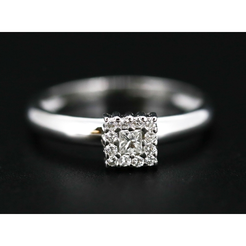 243 - Princess Cut Diamond Centre Stone Ring with Round Cut Diamond Set Surround Mounted in 18 Carat White... 