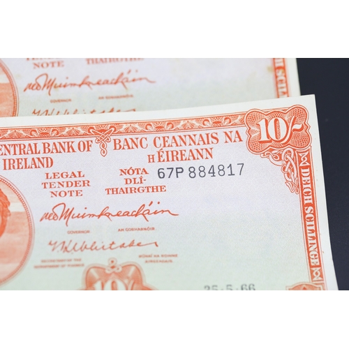 252 - Four Ten Shilling Banknotes Issued by The Central Bank of Ireland 25-5-66, 1-10-60, 25-10-47, 6-6-68