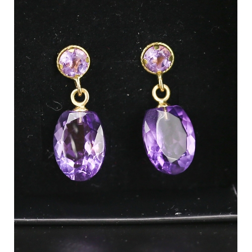 255 - Matching Pair of Amethyst Set Drop Earrings Mounted in 18 Carat Yellow Gold Each 2cm Drop Total 11 C... 