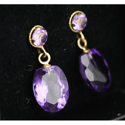 255 - Matching Pair of Amethyst Set Drop Earrings Mounted in 18 Carat Yellow Gold Each 2cm Drop Total 11 C... 
