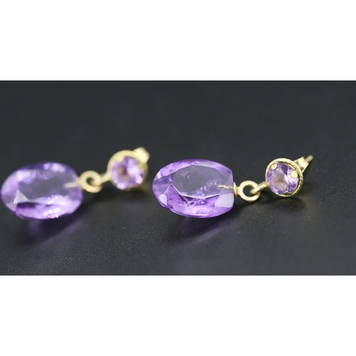 255 - Matching Pair of Amethyst Set Drop Earrings Mounted in 18 Carat Yellow Gold Each 2cm Drop Total 11 C... 