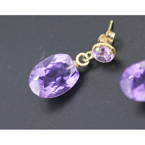 255 - Matching Pair of Amethyst Set Drop Earrings Mounted in 18 Carat Yellow Gold Each 2cm Drop Total 11 C... 