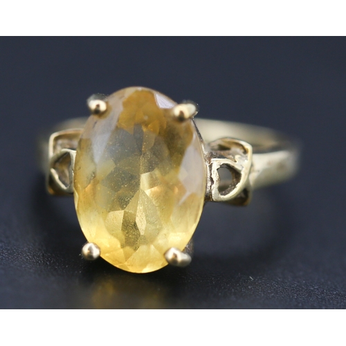 256 - Citrine Single Stone Set Ring Mounted in 9 Carat Yellow Gold Heart Motif to Shoulders Ring Size Q an... 