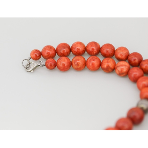 260 - Coral and Silver Bead Graduated Form Necklace Incised Floral Motifs 45cm Long