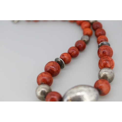 260 - Coral and Silver Bead Graduated Form Necklace Incised Floral Motifs 45cm Long