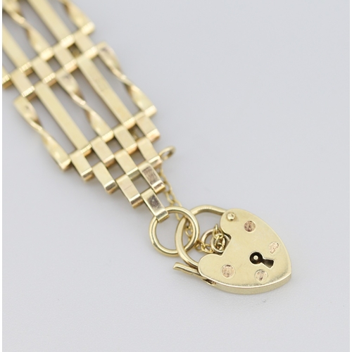 266 - 9 Carat Yellow Gold Gate Link Bracelet Heart Padlock Clasp and Safety Chain 18cm Long