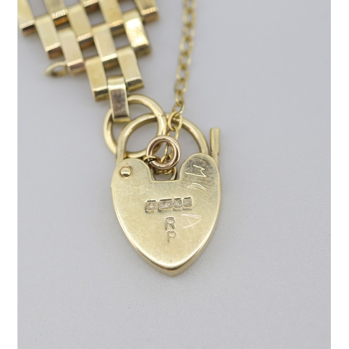 266 - 9 Carat Yellow Gold Gate Link Bracelet Heart Padlock Clasp and Safety Chain 18cm Long